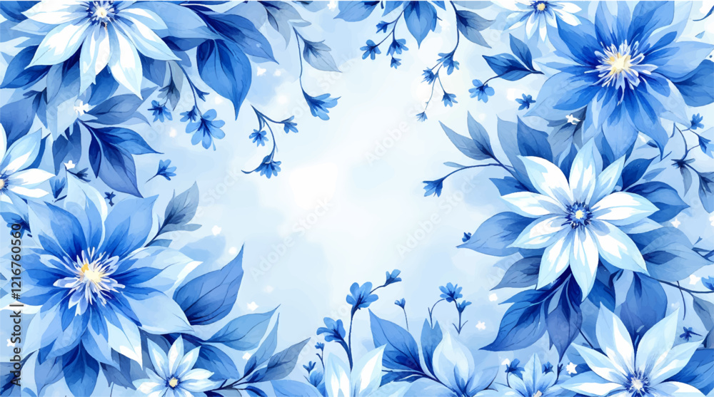Fototapeta premium Watercolor Painting of Blue Flowers and Snowflakes