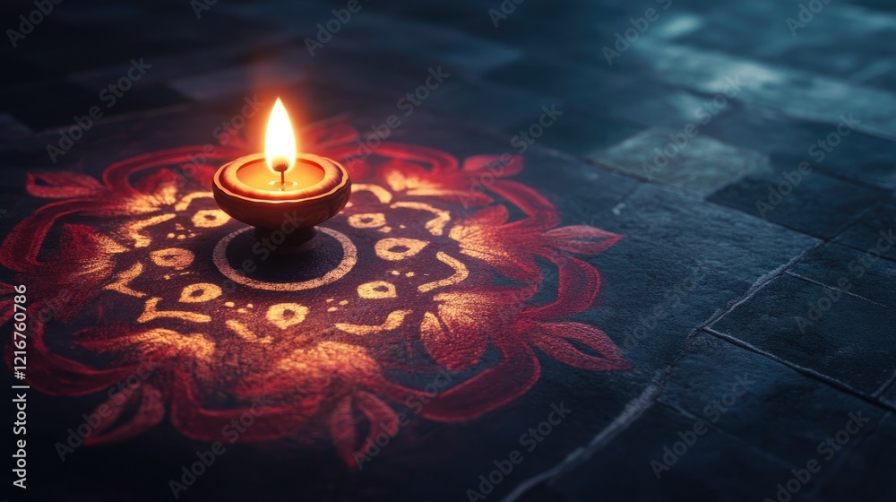 Artistic diya lighting up an intricate rangoli pattern, symbolizing peace and prosperity during Indian festivals Artistic diya lighting up an intricate rangoli pattern, symbolizing peace and prosperity during Indian festivals