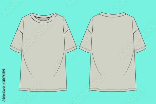  Men's round neck drop shoulder Short sleeve T-shirt flat sketch vector illustration template front and back views. 