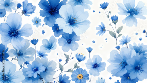 Watercolor Painting of Blue Flowers and Snowflakes