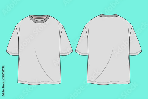 Men's round neck drop shoulder oversized short sleeve T-shirt fashion flat technical drawing template