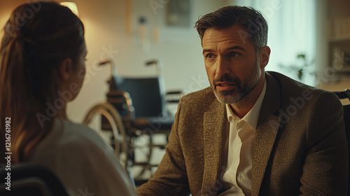 A realistic scene of a concerned lawyer attentively engaging with a client in a wheelchair within a warm-lit office, emphasizing empathy, professionalism, and inclusivity