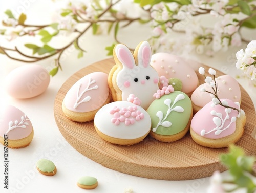 Delightful Easter-themed cookies shaped like bunnies and eggs arranged on a rustic wooden plate for spring celebrations. Generative AI photo