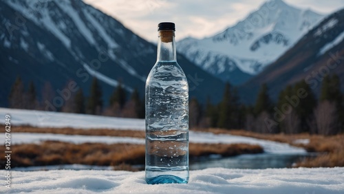 A Crystal Clear Water Bottle Captivatingly Set in a Serene Mountainous Landscape Environment photo