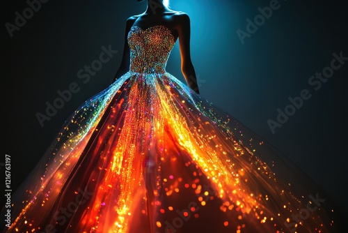 Stunning dress illuminated by vibrant lights at a fashion event in a dark venue photo