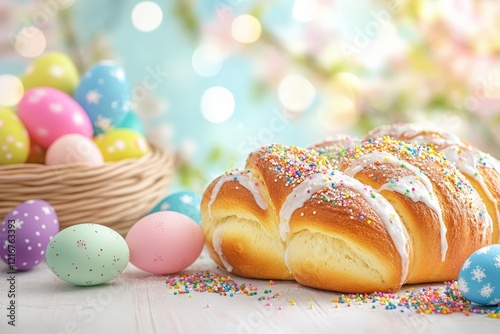 Wallpaper Mural Festive table with traditional Easter bread adorned with sugar glaze and colorful sprinkles surrounded by decorative eggs. Generative AI Torontodigital.ca