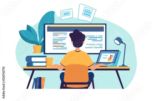 Online training. Young guy learns online by video conference in zoom app. On the screen, the teacher tells the information to him and other participants in the conference, Generative AI