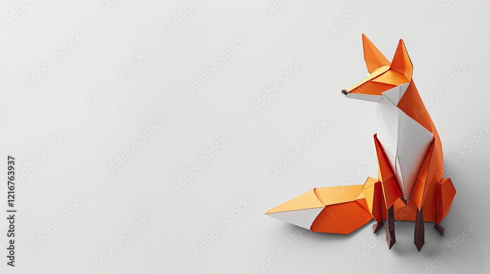 Naklejka premium 3D origami fox sitting on the right side of an empty white background, simple design