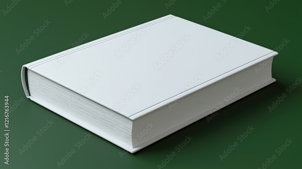 A blank white book lying on a green background, ideal for various creative and educational projects.