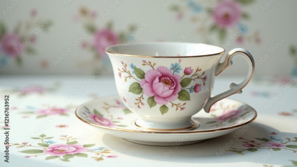 A delicate teacup and saucer, adorned with a charming floral pattern, rests on a matching surface, bathed in soft sunlight. A delicate teacup and saucer, adorned with a charming floral pattern, rests on a matching surface, bathed in soft sunlight.