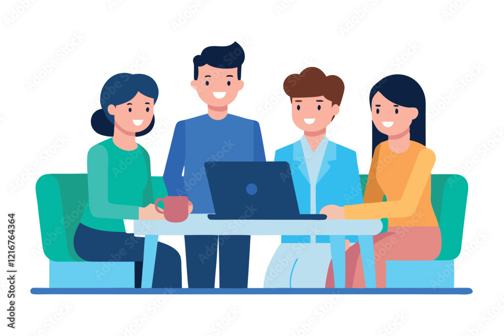 Group of Four People Collaborating on a Project at a Table With a Laptop and Coffee Mugs Group of Four People Collaborating on a Project at a Table With a Laptop and Coffee Mugs