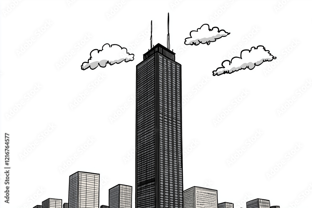 Obraz premium Illustration of a tall skyscraper towering above a city skyline with minimal clouds. Hand-drawn style with clean lines, modern architecture, and urban landscape.