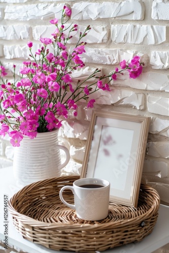 A white vase with pink flowers sits on a wooden tray next to a white coffee mug. The arrangement of the flowers and the mug creates a cozy and inviting atmosphere