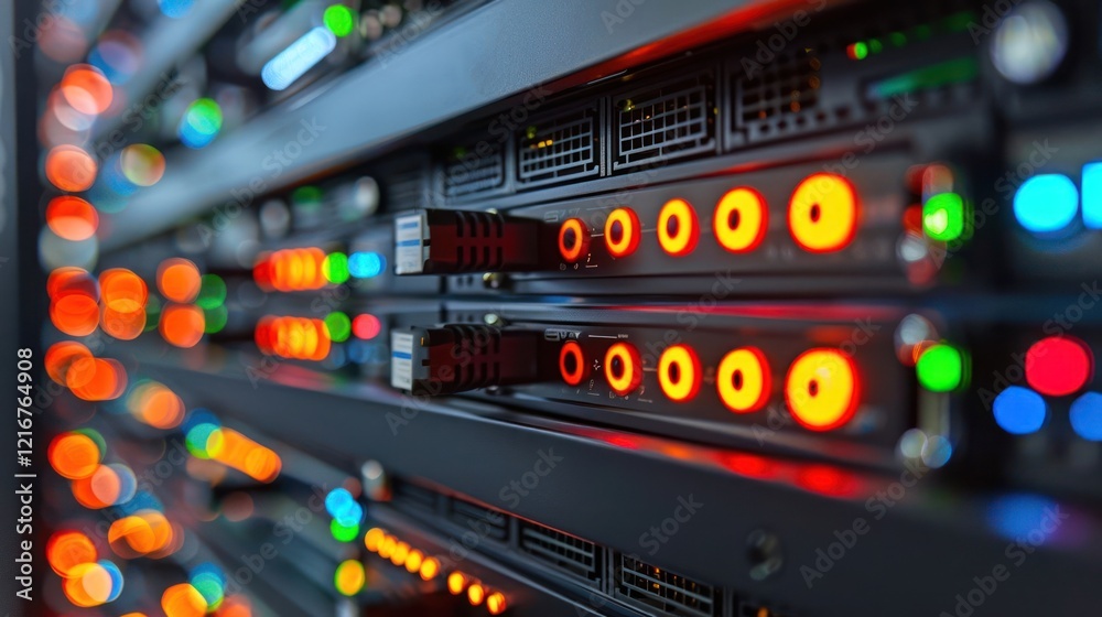 Close-up of illuminated server racks showcasing technology in a data center environment (1) Close-up of illuminated server racks showcasing technology in a data center environment (1)