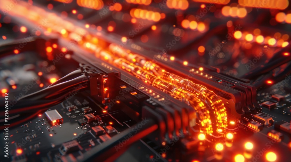 Obraz premium Close-up view of glowing data cables connecting to a circuit board in a high-tech environment