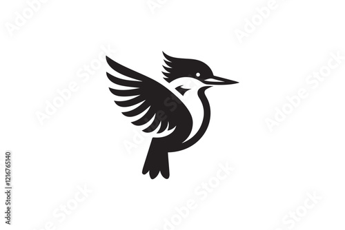 simple and subtle  vector silhouette of Kingfisher in black and white, set against a white background