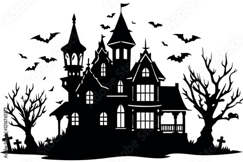 Spooky Haunted House Silhouette With Bats and Eerie Trees in Halloween Theme photo