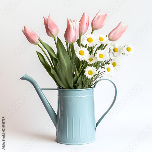 Wallpaper Mural Pink tulips and daisies in a light blue watering can. A beautiful spring floral arrangement. Torontodigital.ca