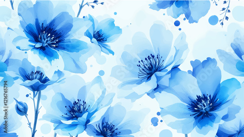 Watercolor Painting of Blue Flowers and Snowflakes