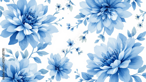 Watercolor Painting of Blue Flowers and Snowflakes