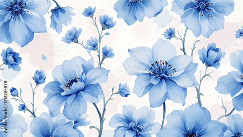 Wallpaper Mural Seamless pattern with blue flowers painted in watercolor style on a white background Torontodigital.ca