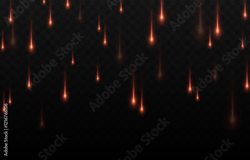 Vector meteor shower png. Falling comets on a transparent background. Cosmic starfall.