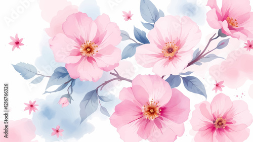 Pink watercolor flowers seamless pattern transparent background