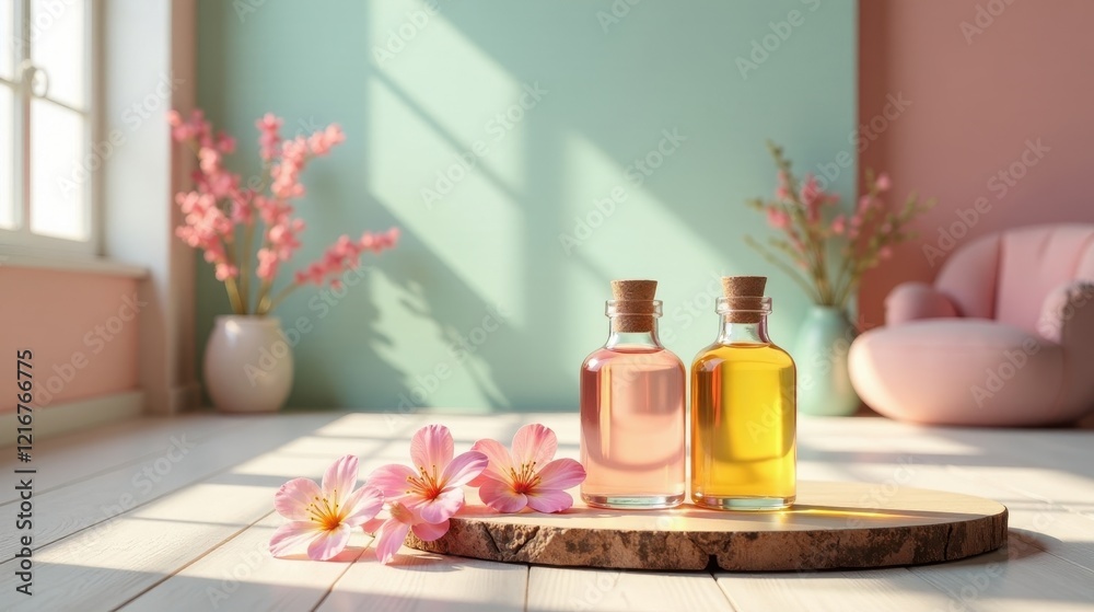 Serene Spa Setting with Aromatic Oils and Delicate Blossoms on a Wooden Slice Serene Spa Setting with Aromatic Oils and Delicate Blossoms on a Wooden Slice