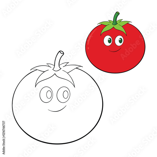 A simple and vibrant coloring page featuring a single red tomato with smooth curves and a green leafy top, perfect for adding color and creativity.