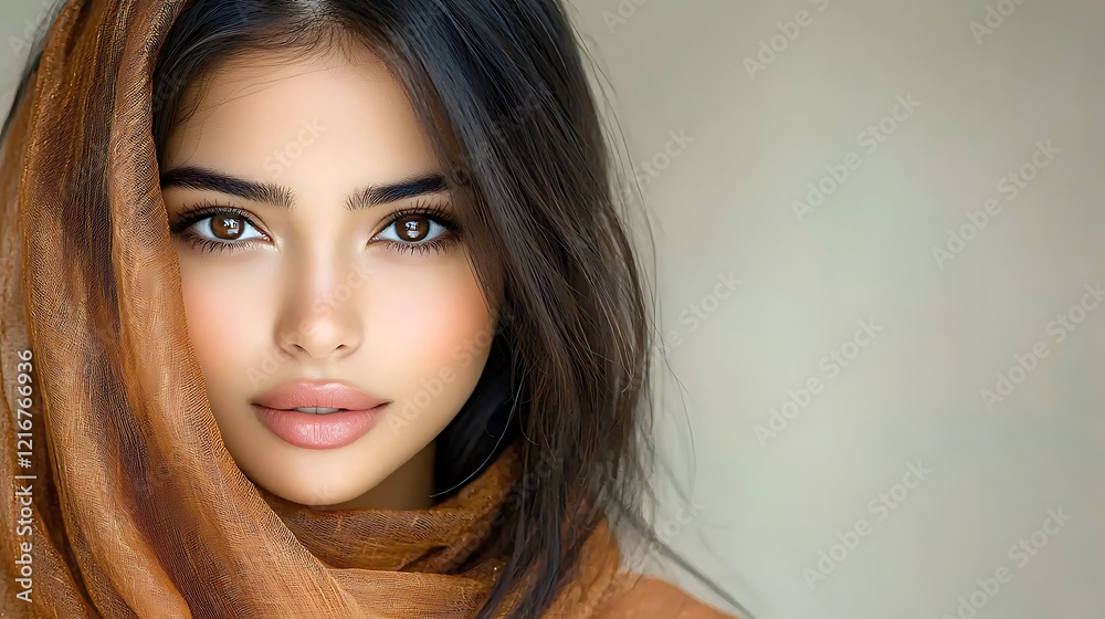 © tonpreecha - Portrait of a woman with sleek long hair, wearing a transparent silk scarf, close-up with soft golden hour lighting, warm and inviting tones,