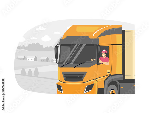 Cheerful driver showing thumbs up while driving a truck. Vector illustration.