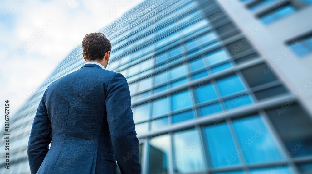 A professional man admires modern architecture as he stands before a sleek glass building, symbolizing ambition. A professional man admires modern architecture as he stands before a sleek glass building, symbolizing ambition.