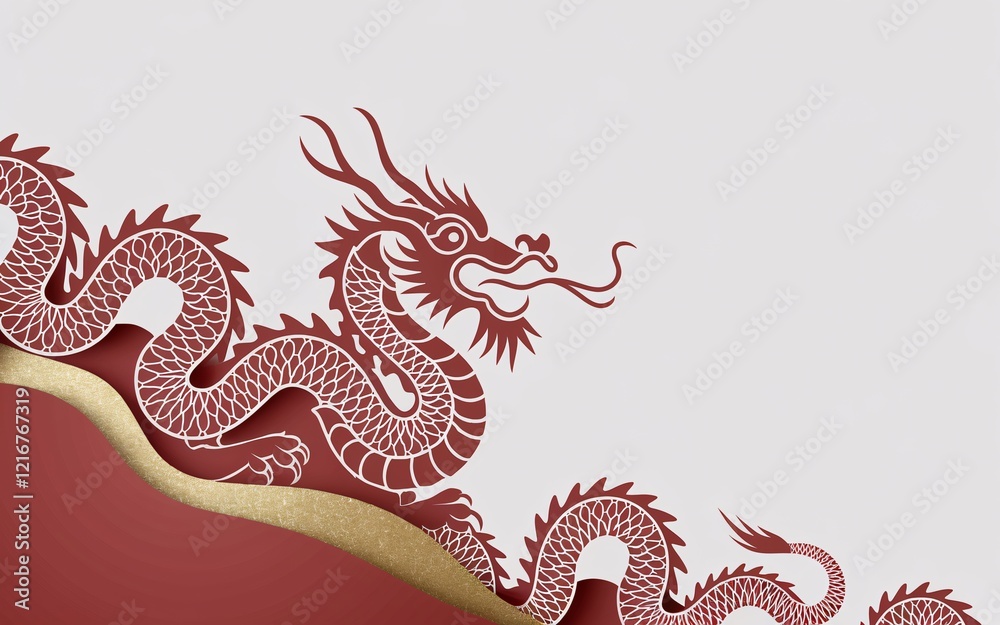 Fototapeta premium Red Chinese dragon design on layered paper.