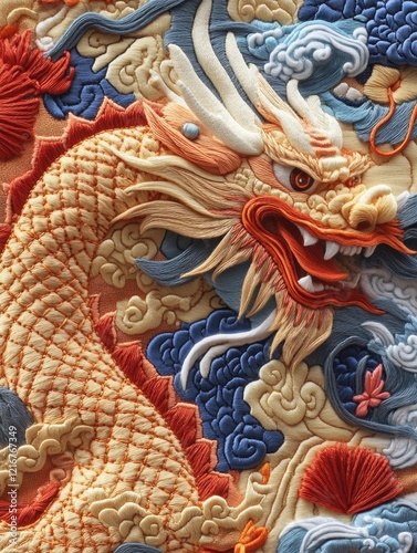 Wallpaper Mural A dragon is embroidered on a piece of fabric. The dragon is orange and blue, and it has a mouth that is open. The dragon is surrounded by clouds and water, which gives the image a sense of movement Torontodigital.ca