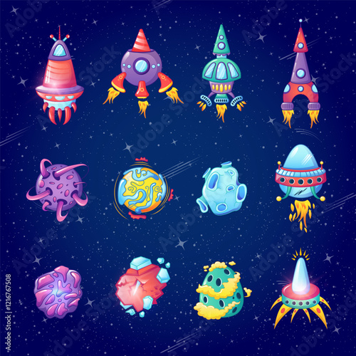 A vibrant arrangement showcases various cartoon spaceships and celestial bodies against a dark space backdrop. Rockets of different 