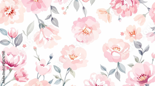 Pink watercolor flowers seamless pattern transparent background