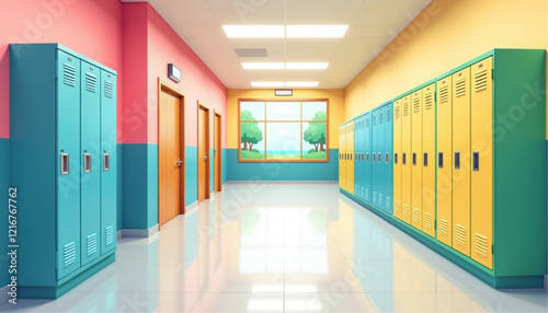 School hallway with yellow lockers in row, back to school concept. Mockup wall