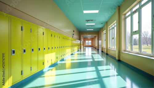 School hallway with yellow lockers in row, back to school concept. Mockup wall