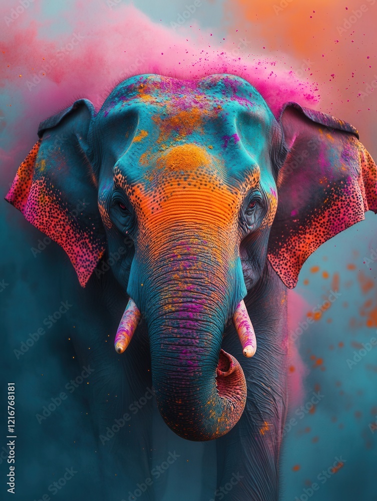 Obraz premium Close-up of an Indian elephant decorated with vibrant Holi colors, featuring contrasting pink, blue, and yellow shades