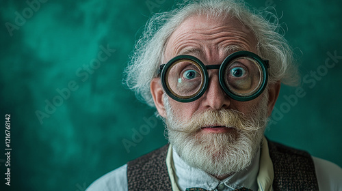 A quirky older man with wild white hair and oversized round glasses stares into the camera, set against a solid green background, embodying eccentricity and curiosity.