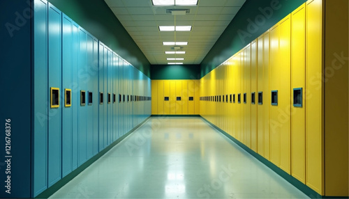 School hallway with yellow lockers in row, back to school concept. Mockup wall