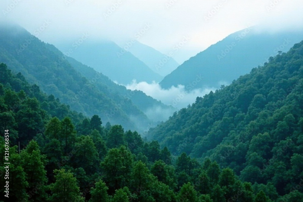 Dense forest with misty fog rolling down the mountain slopes, Foggy mountains, Mountain, Forest Dense forest with misty fog rolling down the mountain slopes, Foggy mountains, Mountain, Forest