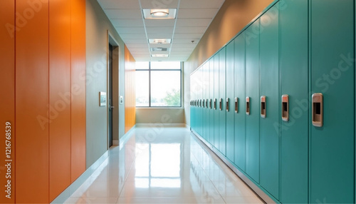 School hallway with yellow lockers in row, back to school concept. Mockup wall
