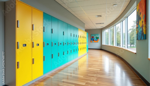 School hallway with yellow lockers in row, back to school concept. Mockup wall
