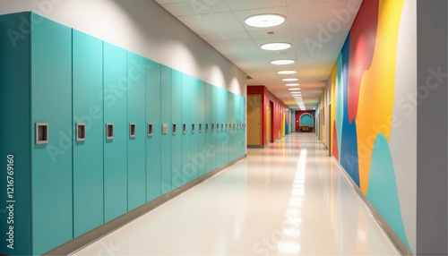 School hallway with yellow lockers in row, back to school concept. Mockup wall