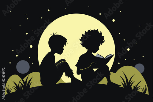 Silhouette Kids Reading a Book with Moon Background Logo Design Template