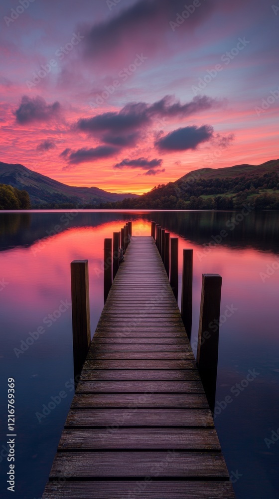 Obraz premium A serene wooden dock stretches over calm waters reflecting a vibrant sunset. Nature and tranquility come together in this picturesque scene. Perfect for relaxation. Generative AI