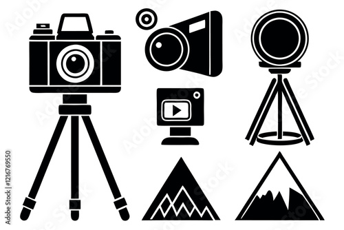 Vector Icons of Photography Equipment and Mountain Landscapes for Creative Projects