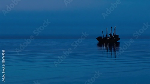 Oil drilling platform standing tall in the vast ocean, symbolizing human innovation and the quest for energy amidst nature's vastness.
