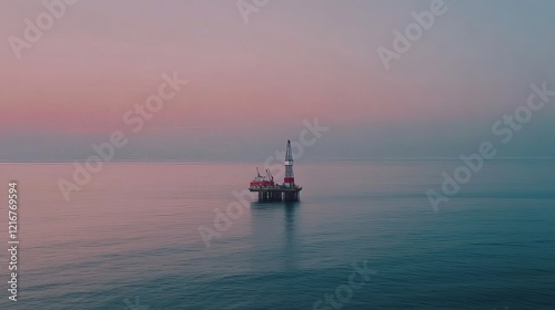 Oil drilling platform standing tall in the vast ocean, symbolizing human innovation and the quest for energy amidst nature's vastness.
